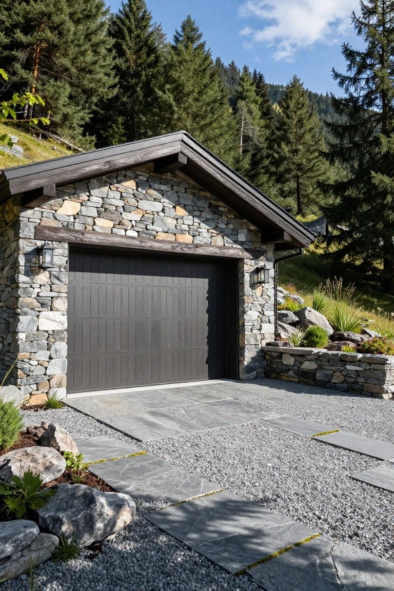 Detached garage featuring irregular natural stone walls, dark wooden garage door, timber beam accents, lantern lights, gravel driveway, and surrounding pine trees and rocks in a mountainous area.