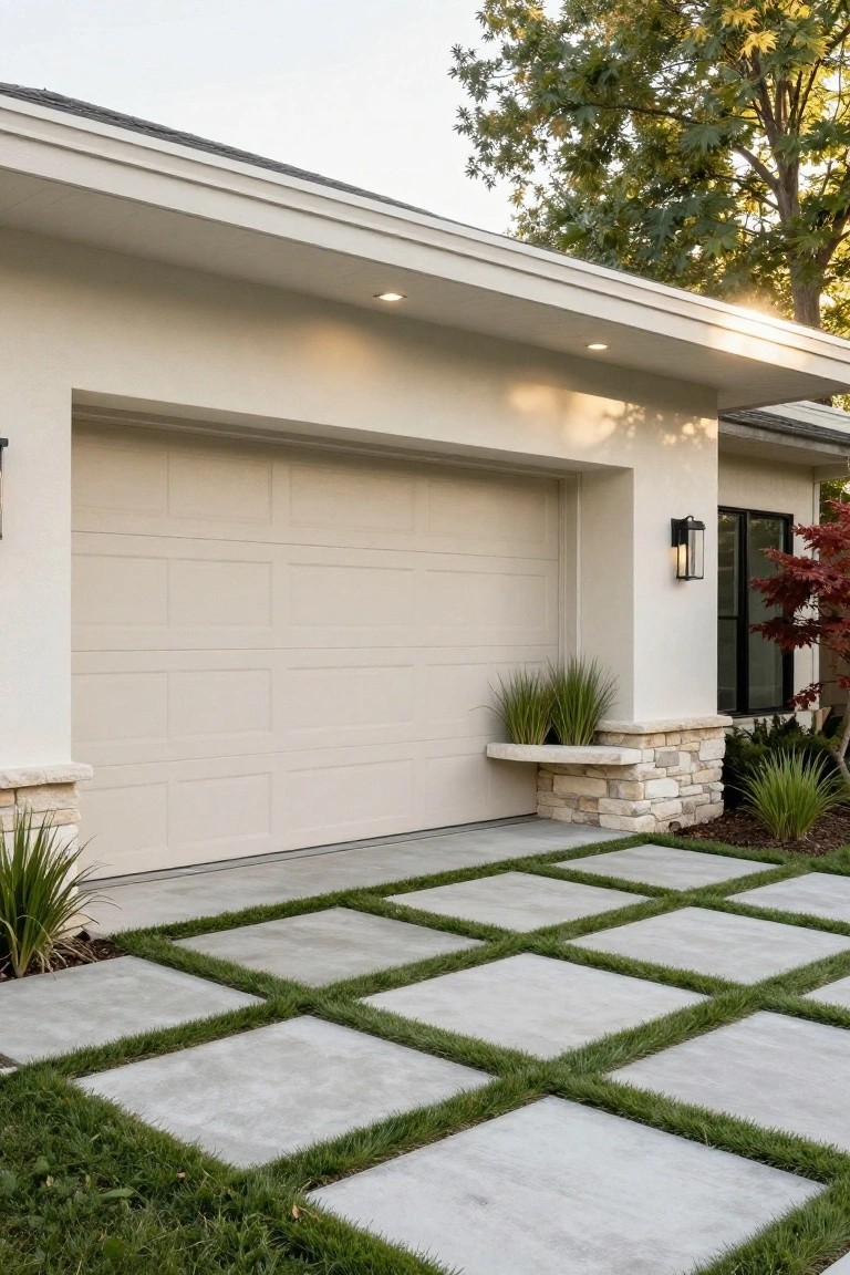 Beige paneled garage door on a stucco house exterior with recessed lights, stone pillars holding potted plants, and a driveway of large square concrete pavers separated by strips of green grass.