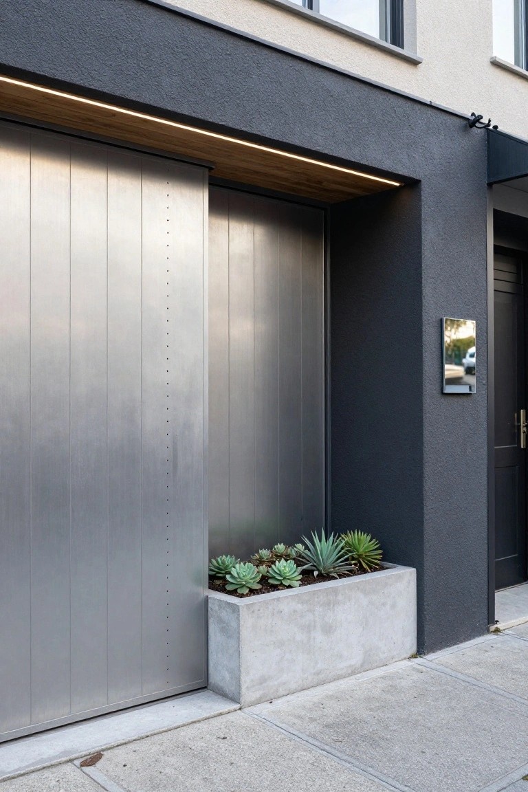 Modern house exterior with tall vertical slatted brushed metal garage door, concrete planter filled with succulents, dark textured walls, LED strip lighting above the door, and black front door beside it.