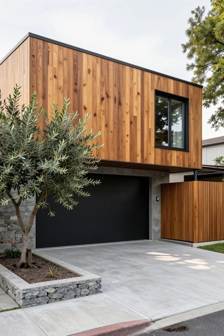 Modern boxy house exterior clad in vertical warm-toned wood planks, featuring a large black garage door, narrow black-framed window, concrete driveway, olive tree in stone-edged planter box, and wooden slat side fence.