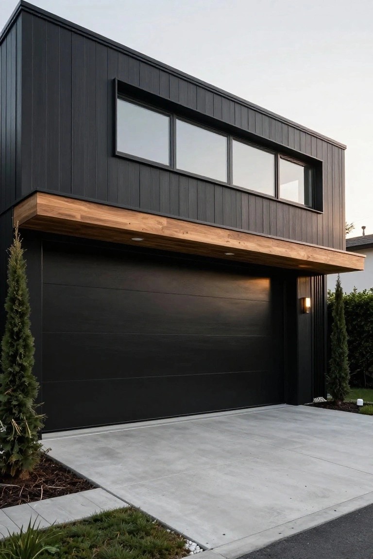 Modern house exterior with black vertical siding, large black paneled garage door, wooden cantilevered overhang above the garage, slim horizontal window on upper facade, concrete driveway, and tall conifer trees on sides.