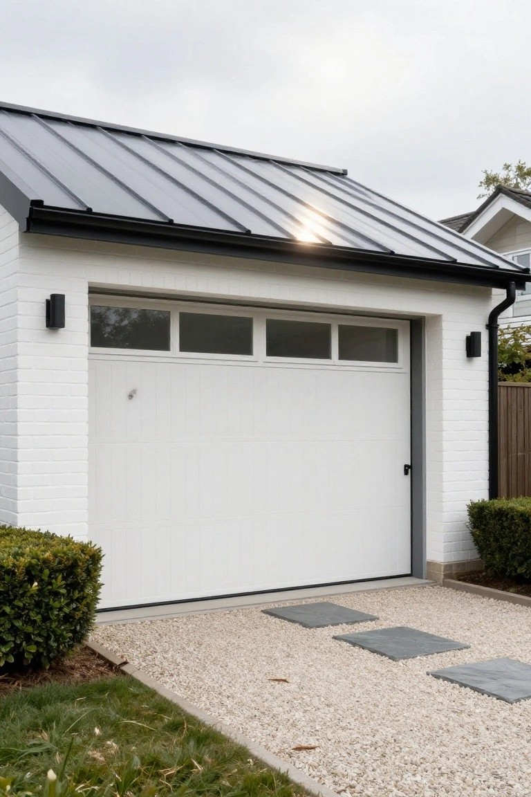White brick detached garage with dark gray standing seam metal roof, large white overhead door with three horizontal glass panels, black cylindrical wall lights on each side, gravel driveway with square stone pavers and low green boxwood shrubs.