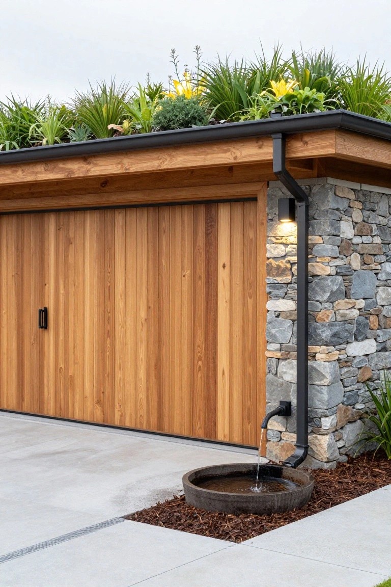 Modern garage featuring vertical wood-paneled double doors, adjacent stone wall, green roof planting, black downspout emptying into a round stone basin on a concrete driveway.