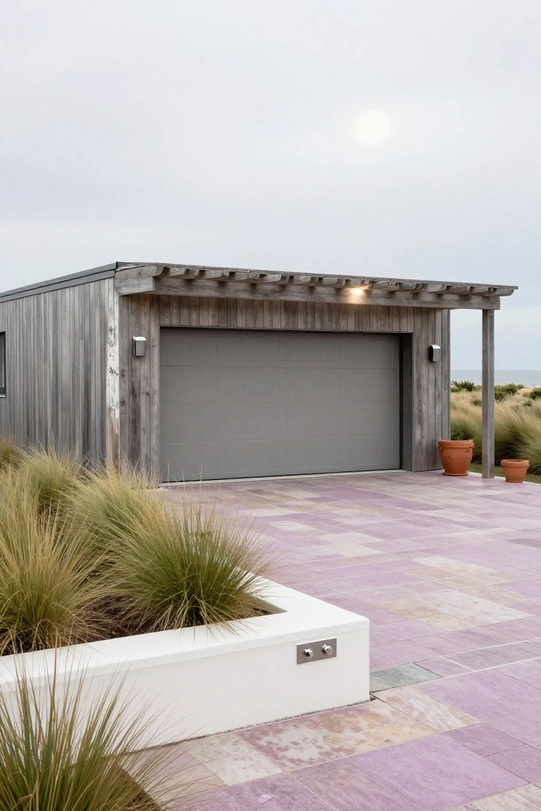 Gray sectional garage door on a wood-clad building under a wooden pergola, with beach grasses, potted plants, and a pinkish tiled driveway near the ocean.