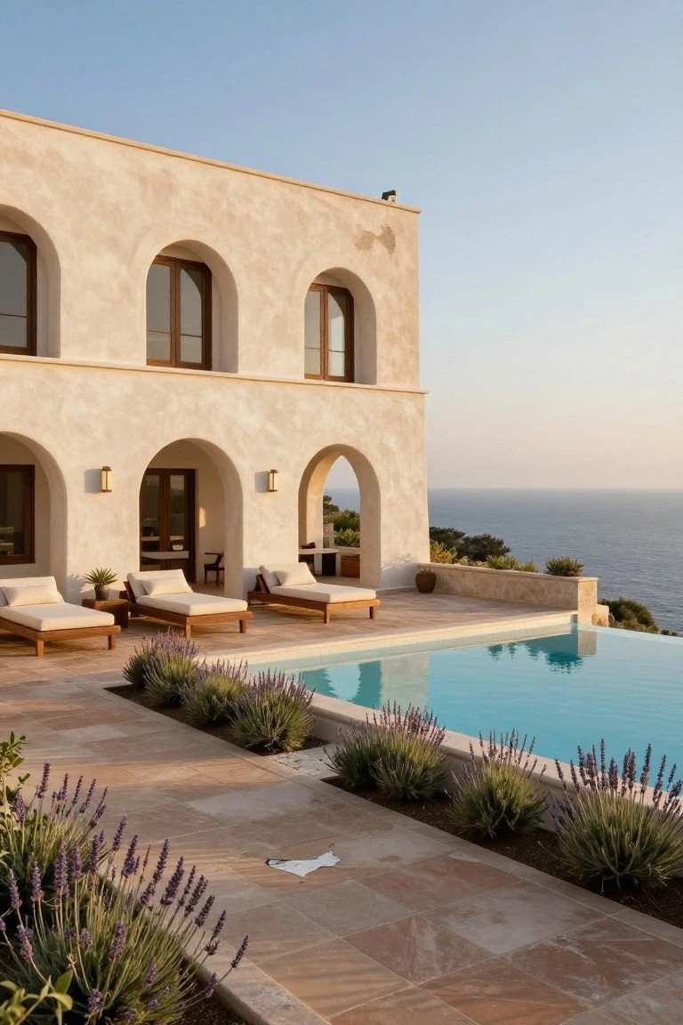 Beige stucco house exterior with three arched windows and doors, wooden daybeds on a stone terrace beside an infinity pool edged with lavender plants, overlooking the ocean at dusk.
