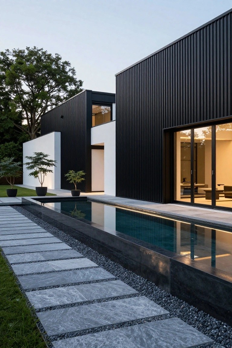 Modern house exterior with tall black vertical metal cladding wall, adjacent white volumes, large sliding glass doors, narrow rectangular reflecting pool, gray stone pathway with gravel edges, potted plants, and grass lawn.
