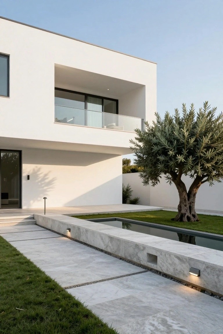 Modern white stucco house exterior featuring a cantilevered upper balcony with glass railing above a recessed dark-framed entry door, flanked by a stone slab path, low marble wall with narrow reflecting pool, olive tree, and grass lawn.