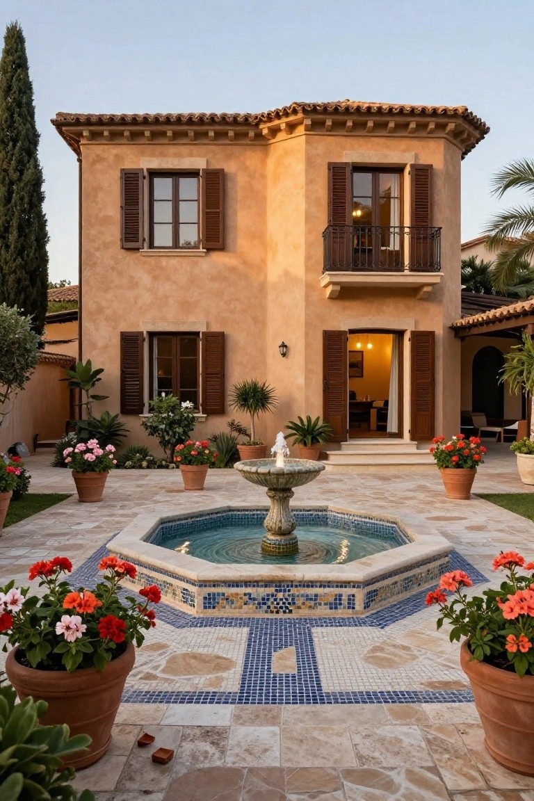 Ochre stucco two-story house with wooden shutters, balcony, and open entry door facing a courtyard patio featuring a central octagonal fountain with blue mosaic tiles, surrounded by terracotta pots of red and pink geraniums on a stone-tiled surface.