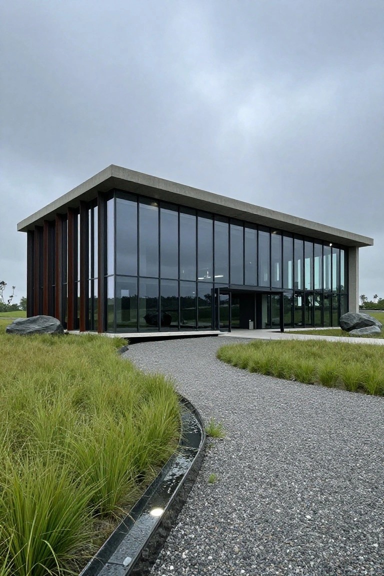 A single-story modern building with gray exposed concrete structure, dark vertical wood fins, extensive black-framed glass walls, surrounded by tall green grasses, large gray boulders, and a curving gravel path under overcast skies.