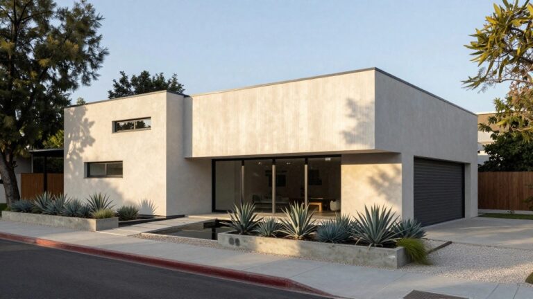 Compact modern house exterior featuring beige stucco walls accented by vertical wood cladding, black roller garage door, glass entry door, small rectangular pool, agave plants in concrete pots, gravel ground cover, and stone steps leading to the pool.