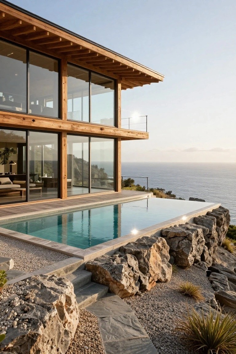 A modern two-story house with exposed wooden beams and large glass walls next to an infinity-edge swimming pool built into natural rock outcrops on a cliff overlooking the ocean.