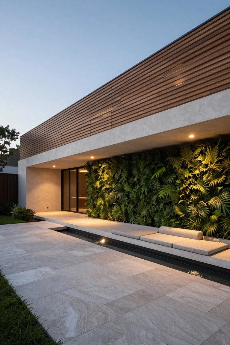 Modern house exterior at dusk with upper wooden slat facade, beige stucco walls, a vertical green fern wall beside a recessed glass entry door, built-in outdoor bench seating, a linear water channel in the stone patio, and low surrounding plants.