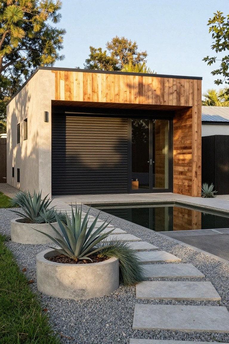 Compact modern house exterior featuring beige stucco walls accented by vertical wood cladding, black roller garage door, glass entry door, small rectangular pool, agave plants in concrete pots, gravel ground cover, and stone steps leading to the pool.