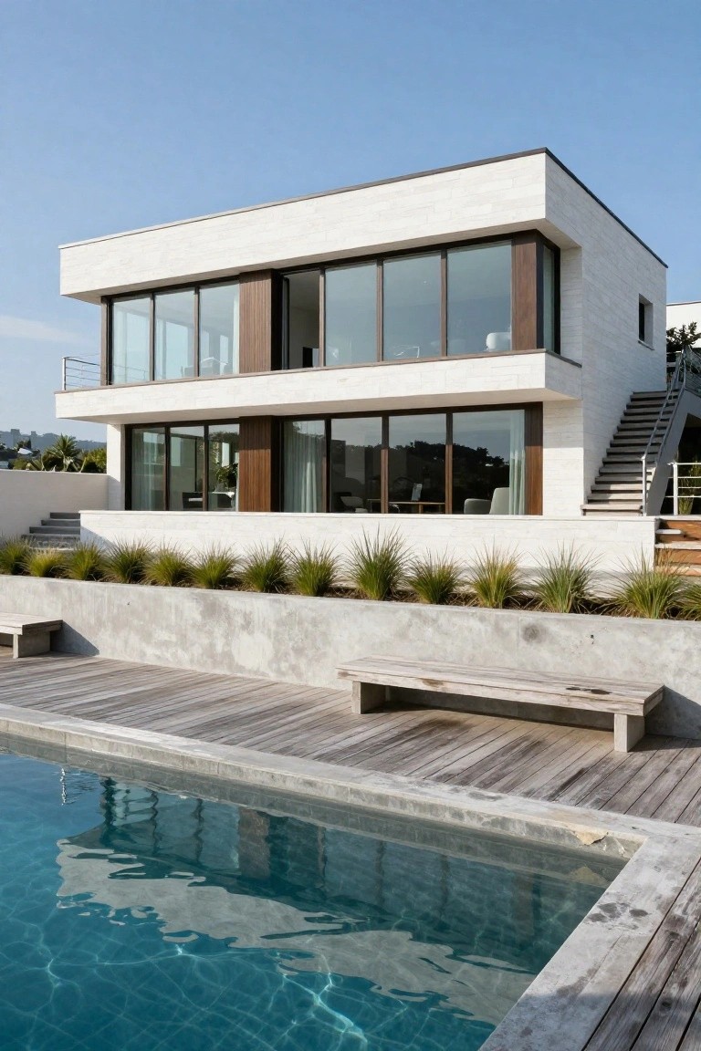 A two-story modern house with white stone exterior, large wood-framed glass windows, concrete retaining wall planted with grasses, wooden deck around an infinity-edge pool, and hillside landscaping in the background under a clear blue sky.