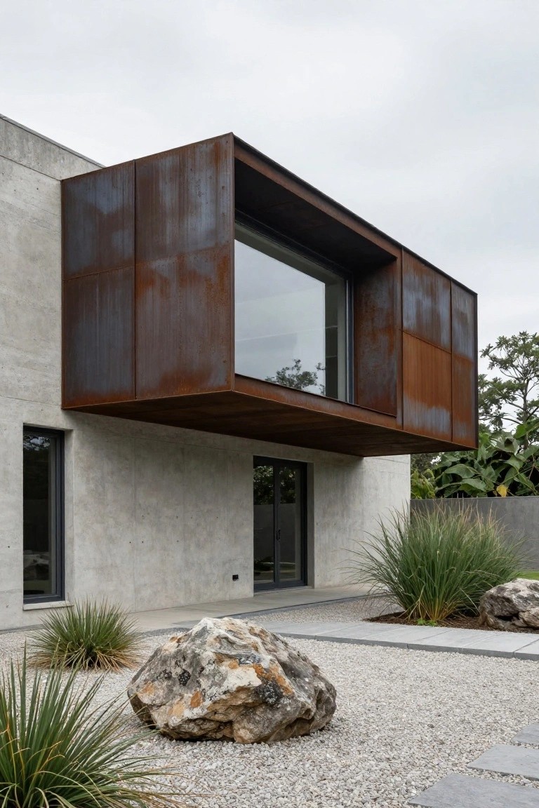 Modern house exterior with concrete walls, protruding rusted steel window box, glass entry doors, gravel yard, grasses, and boulders under cloudy sky.