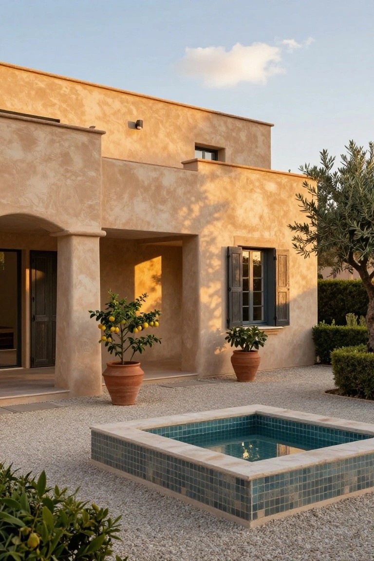 Beige textured stucco house exterior featuring an arched entry with wooden door, potted lemon trees, a square turquoise-tiled plunge pool in a gravel courtyard, olive tree, boxwood hedges, and wooden shutters on windows.