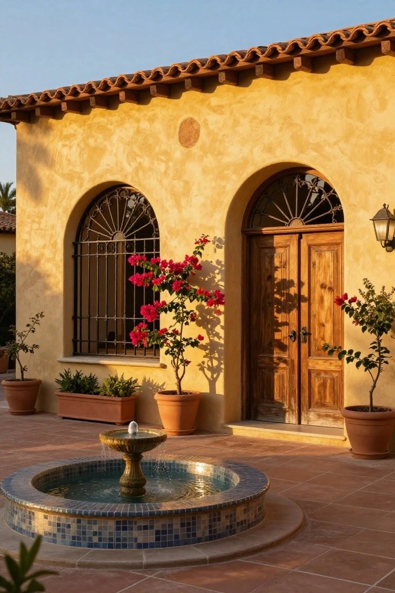 Yellow stucco house facade with terracotta barrel tile roof, two arched windows with black wrought iron grilles, wooden double entry doors, potted bougainvillea plants, and a circular blue-tiled fountain on terracotta pavers in a courtyard setting.