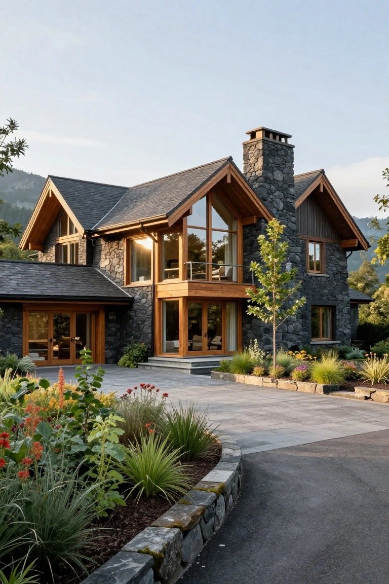 A two-story modern house with dark stone walls and chimney, timber framing and siding, large triangular glass window, wood balcony, double entry doors, slate roof, driveway, and garden beds against a mountainous backdrop.