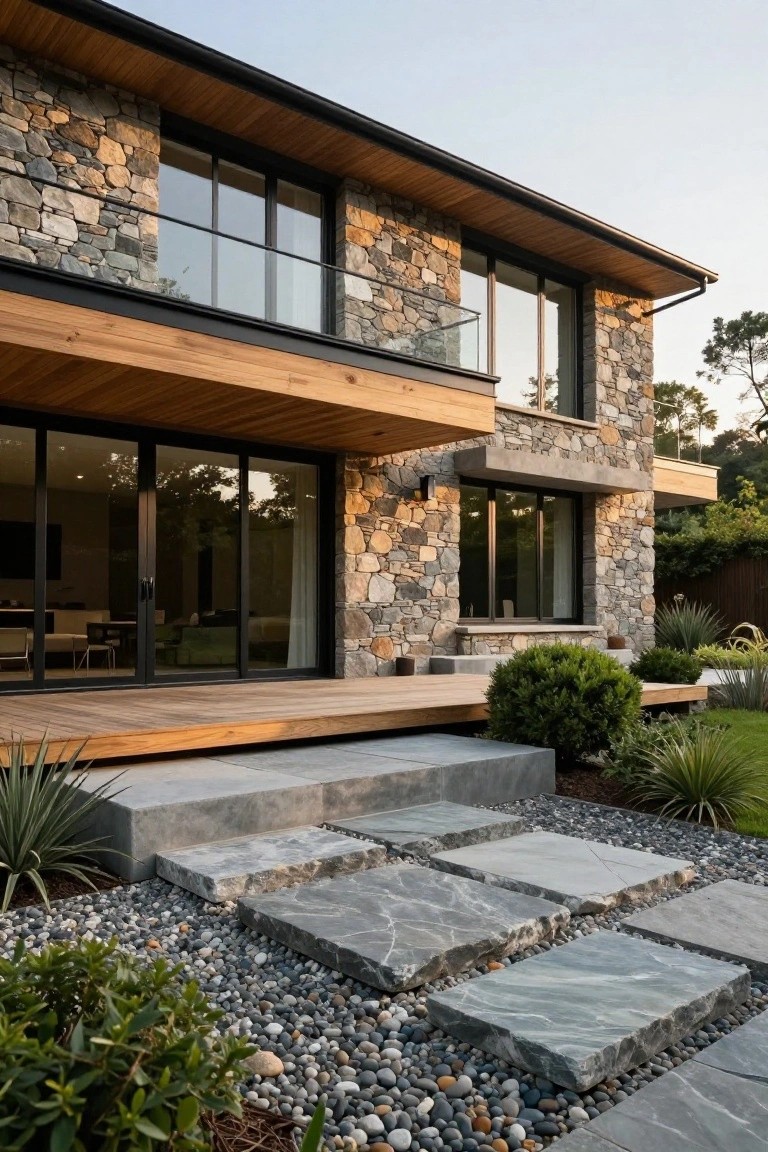 Modern two-story house exterior with stacked stone lower walls, wooden cantilevered upper level and deck, large glass sliding doors, concrete steps, and gravel path edged by plants.