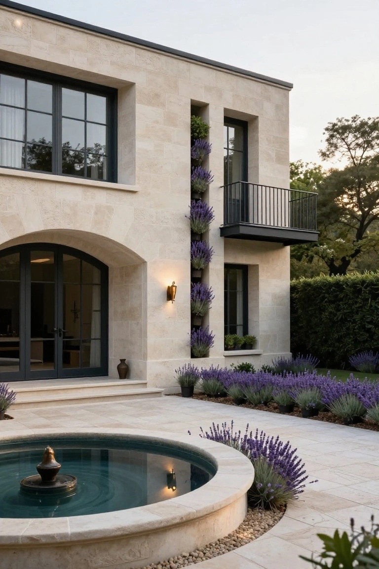 Beige stone house exterior with black-framed arched double doors, large windows, a second-floor balcony with black railing, vertical planters filled with purple lavender along one wall, a circular stone fountain on a tiled patio, lavender beds, potted plants, and background trees and hedges.