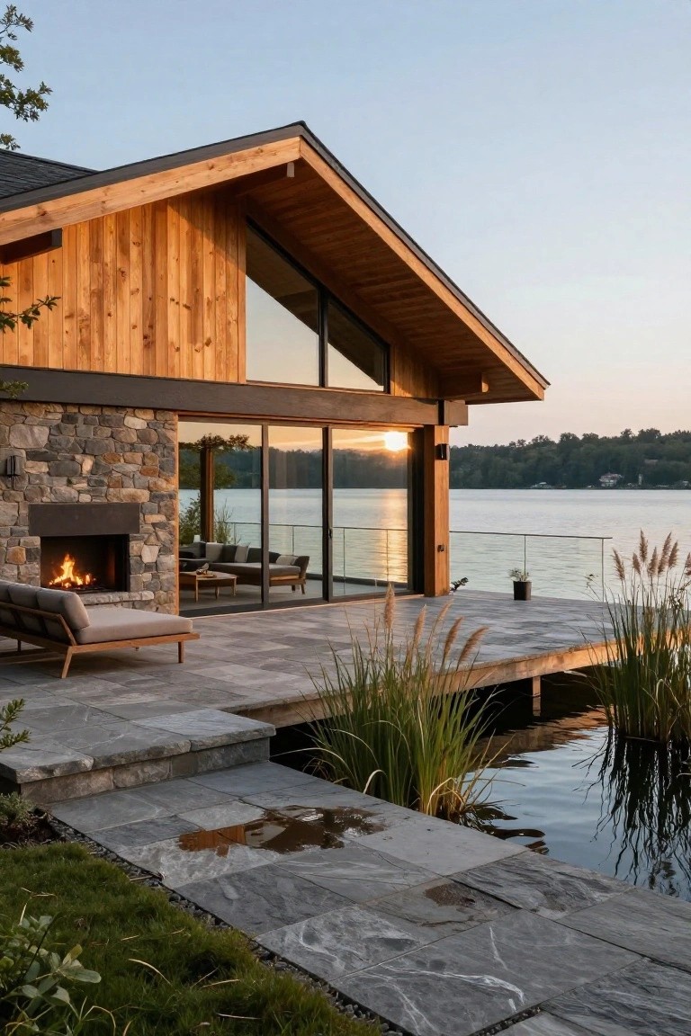 Modern house exterior with vertical wood cladding, stone foundation and outdoor fireplace, large glass corner window overlooking a lake, wooden deck with seating, and surrounding reeds at dusk.