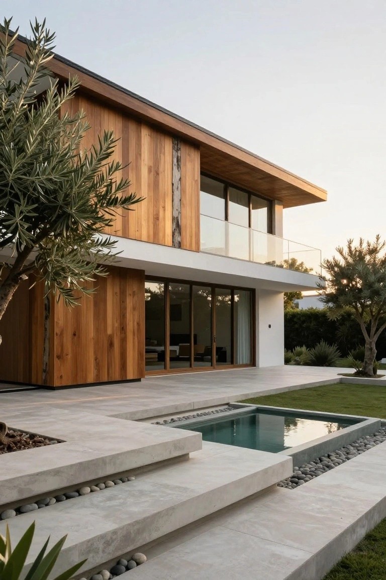 Modern two-story house exterior featuring vertical wood cladding on one side, white stucco accents, large glass windows and doors, a glass balcony, concrete steps leading to a small rectangular pool with pebble surroundings, olive trees, and grass lawn at dusk.