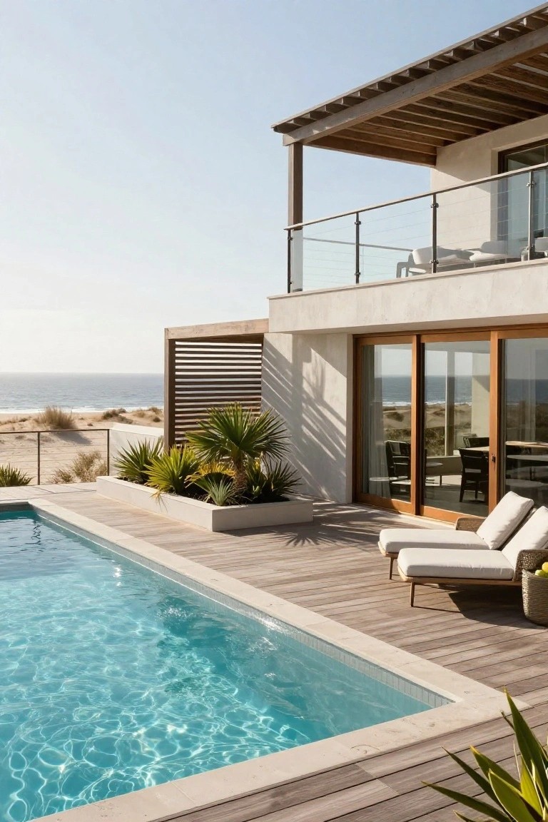 Modern two-story beach house exterior with white stucco walls, wooden pergola balcony, slatted wood screens, large wooden sliding doors, adjacent infinity-edge pool on wooden deck, lounge chairs, plants, ocean view, and dunes.