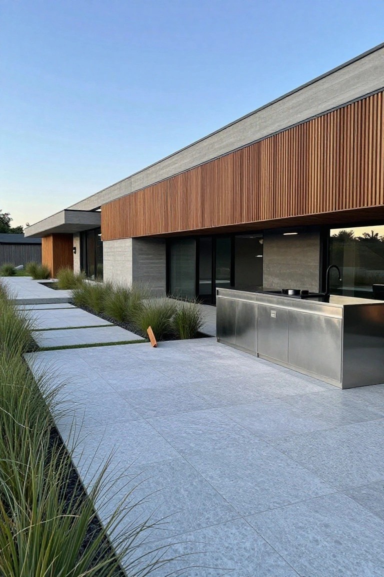 Side view of a modern single-story house with gray concrete walls, vertical reddish wood cladding on one section, large dark-framed windows, stainless steel outdoor kitchen counter, and a light gray tiled pathway edged with tall grasses.