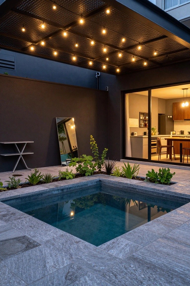 Modern outdoor courtyard with small rectangular blue pool surrounded by stone tiles and built-in plant beds, string lights hanging from black metal pergola ceiling, tall mirror and console table nearby, glass doors leading to kitchen interior.