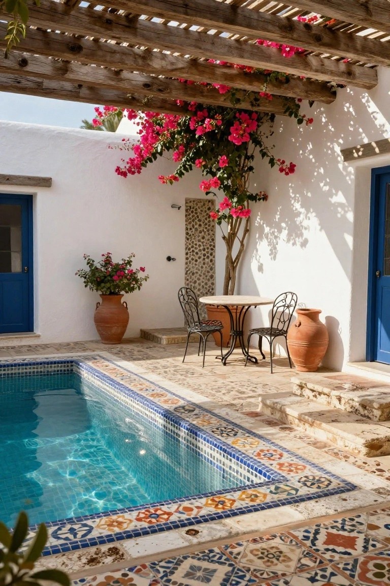 Small rectangular pool with turquoise water and blue multicolored mosaic tile borders in a white stucco courtyard, wrought iron table and chairs, terracotta pots with plants, pink bougainvillea over wooden pergola, and blue doors on walls.