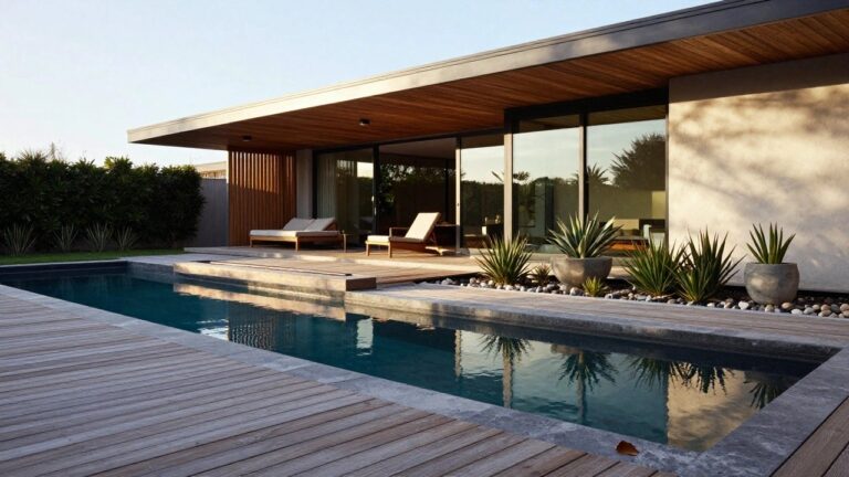 Wooden deck beside a rectangular pool with dark tile and stone coping, large white pots of spiky succulents, a linear black fire pit, lounge chairs, and a modern house with glass sliding doors in the background.