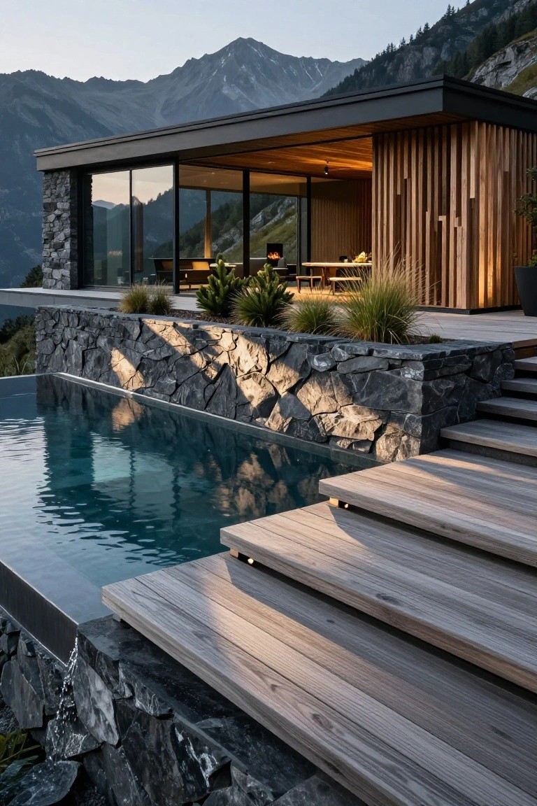 Modern house with black frame, wooden cladding, and glass walls perched above a cantilevered wooden deck with infinity pool, stone retaining wall, and wooden steps, overlooking rocky mountains.