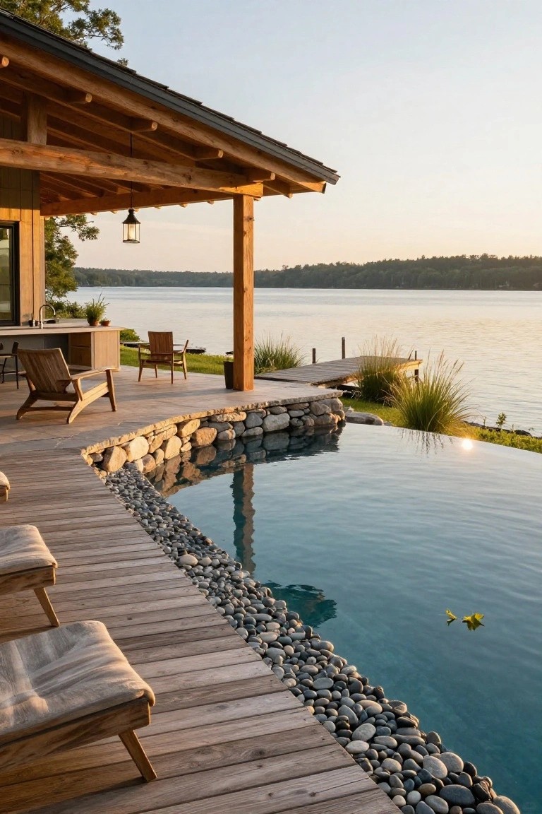 Wooden deck with lounge chairs adjacent to an infinity-edge pool that meets a lake, featuring a timber porch, stone wall, pebble edging, potted plants, and a dock in the background at sunset.