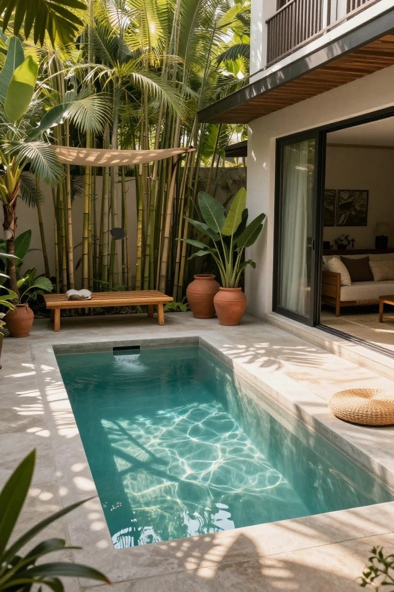 A narrow rectangular plunge pool in a light gray tiled courtyard surrounded by potted plants, bamboo screens, terracotta pots, a wooden bench with towels, a woven pouf, and sliding glass doors to an indoor seating area with tropical foliage nearby.