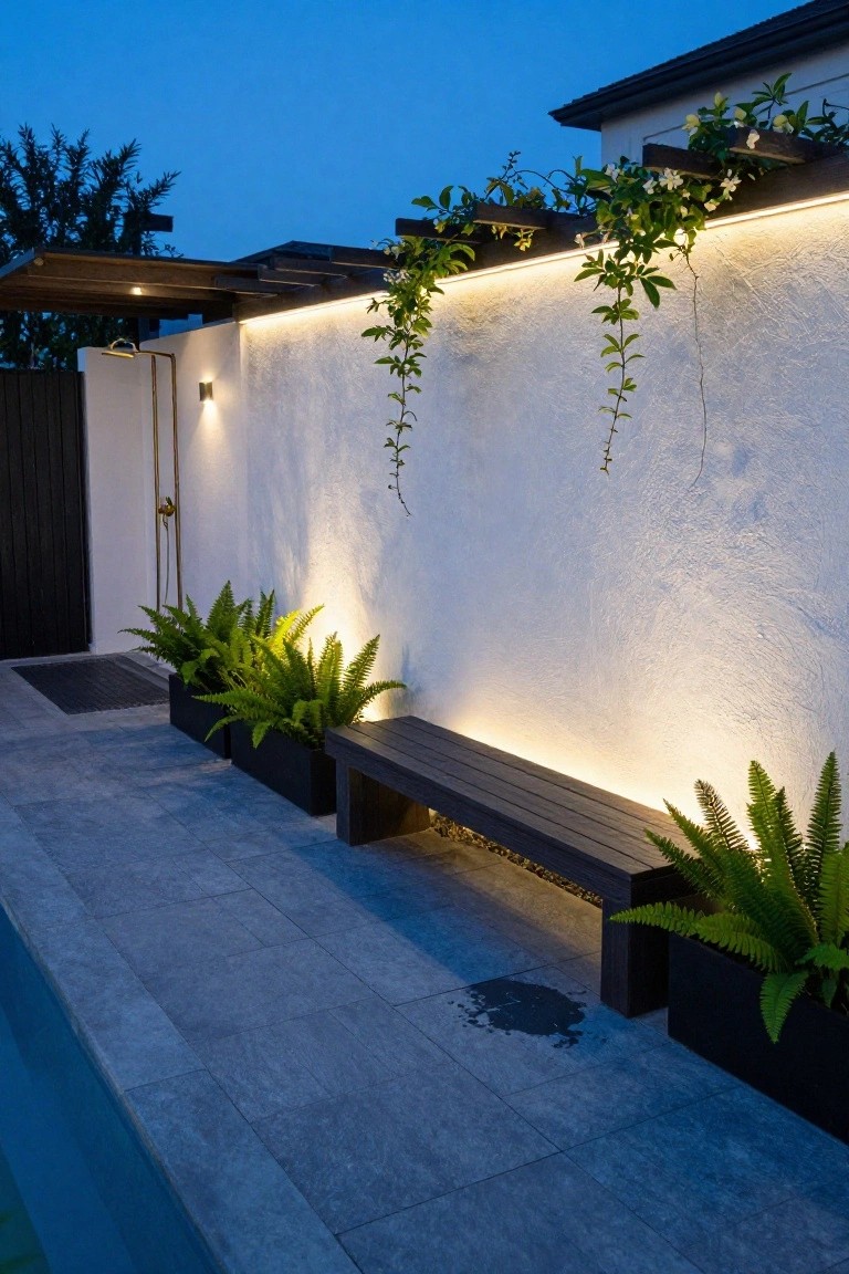Outdoor poolside area at dusk with a black wooden bench featuring underlighting along the edge, flanked by ferns in black pots, a white stucco wall with hanging vines, an outdoor shower, and a pergola overhead.