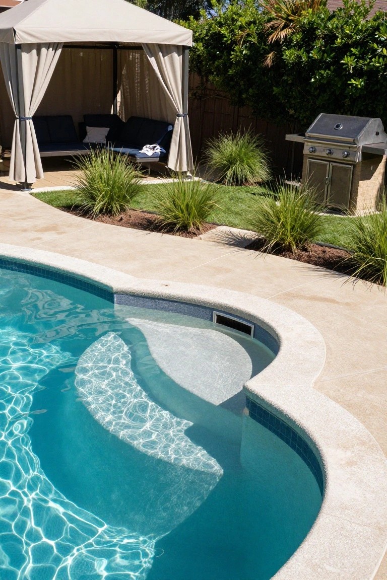 Curved turquoise pool with wide white stone entry shelf, beige curtained cabana containing blue lounge seats, ornamental grasses, and stainless steel grill on travertine decking beside a backyard fence.