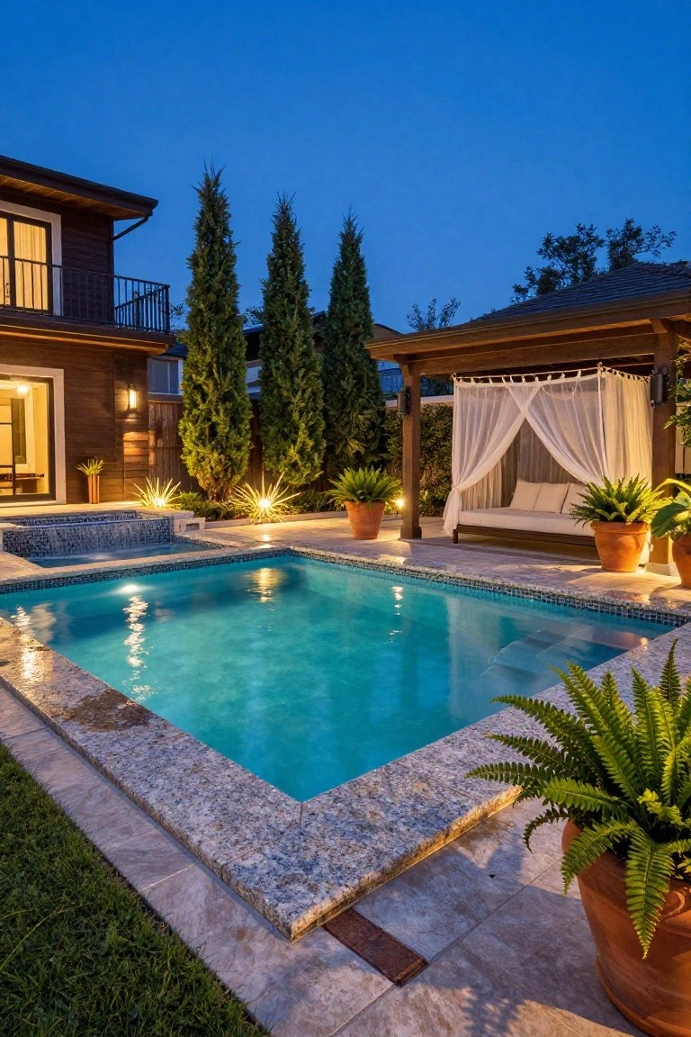 Backyard pool at dusk with a wooden pergola enclosing a white daybed draped in sheer curtains, surrounded by potted plants, tall trees, and landscape lighting, modern house visible in background.