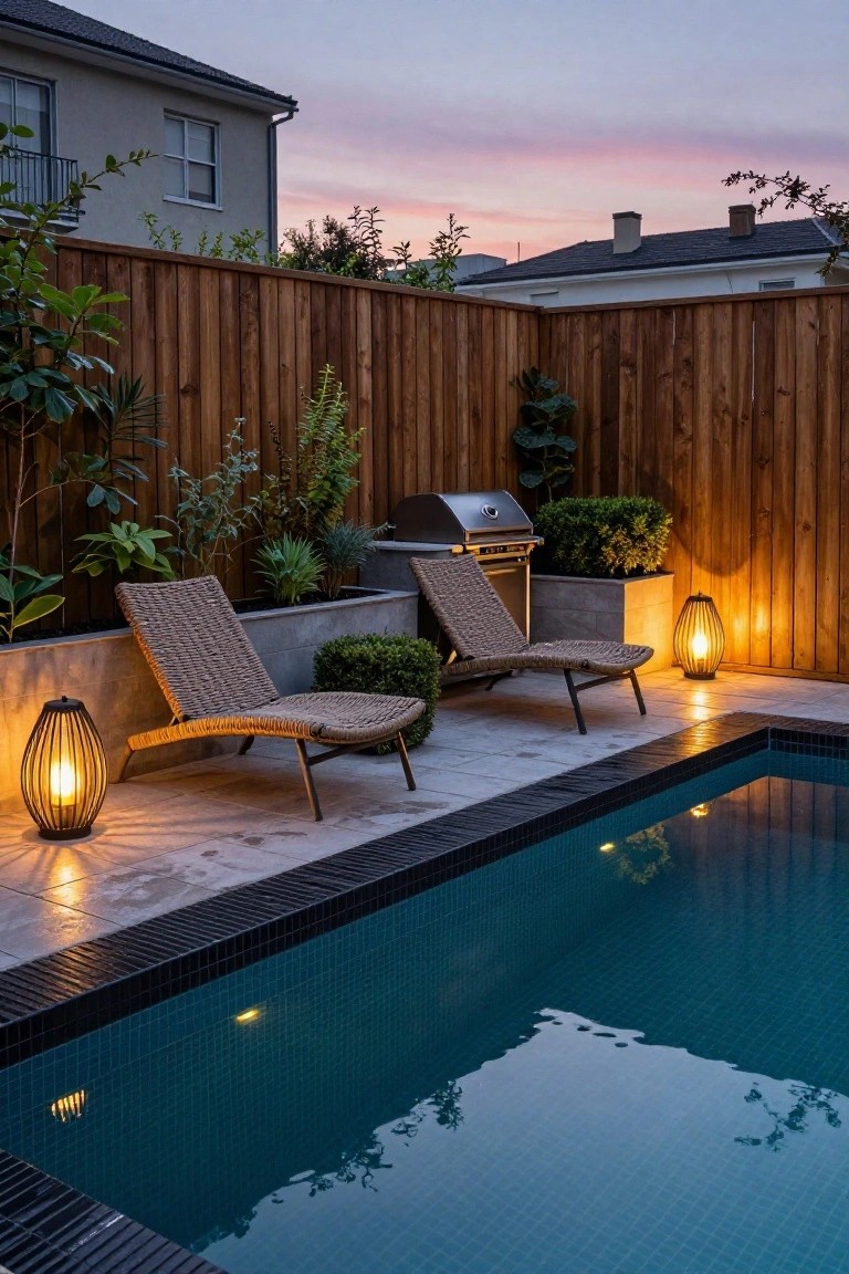 Dusk view of a backyard pool area featuring two woven reclining lounge chairs on a tiled patio, a stainless steel barbecue grill, potted plants, a wooden fence, and two illuminated hanging lanterns beside a turquoise-tiled pool.