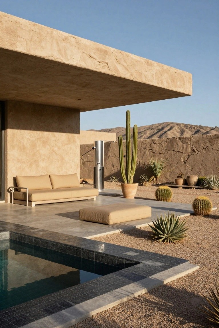Modern desert house with pool, beige sofa, tall cacti, and rocky mountains.