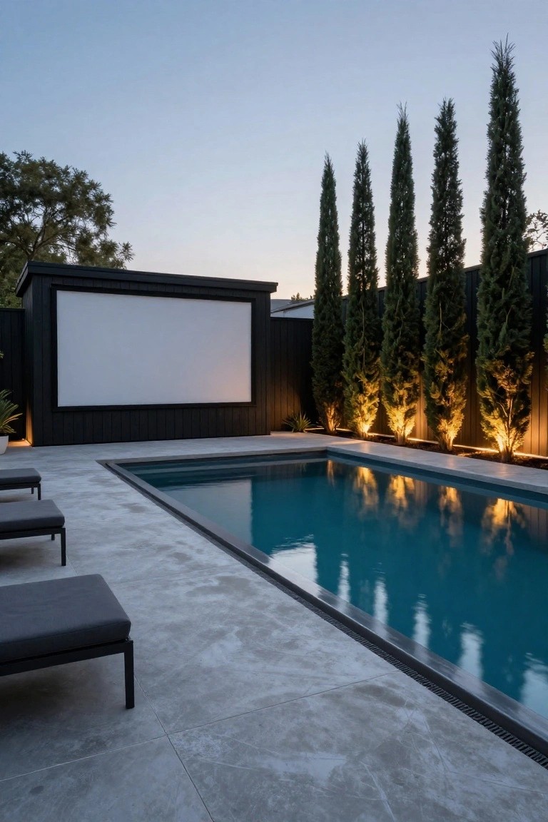 A turquoise pool with gray lounge chairs on a light gray tiled deck, a large white projection screen on a black booth structure nearby, tall cypress trees along a black fence with uplighting, and plants at twilight.