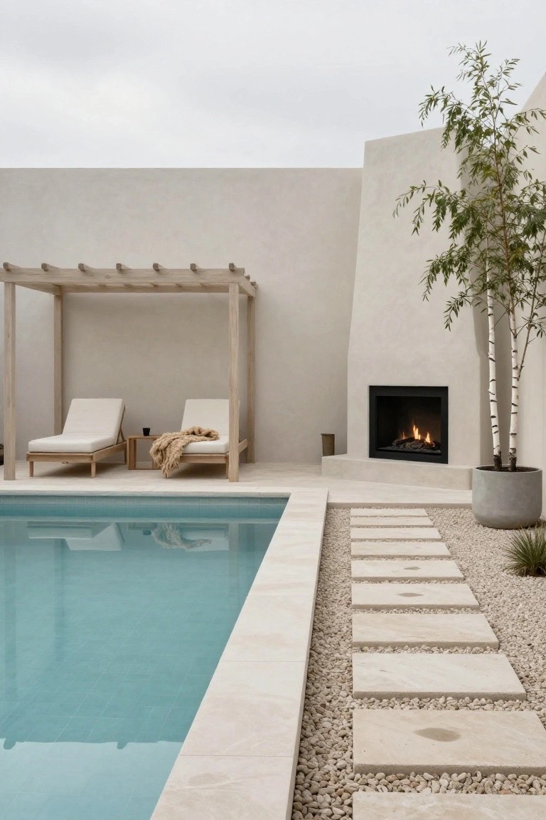 Outdoor pool with turquoise water and travertine surround, two white loungers under wooden pergola, gas fireplace in curved beige stucco wall, paver path along pool edge, gravel ground cover, potted birch tree nearby.
