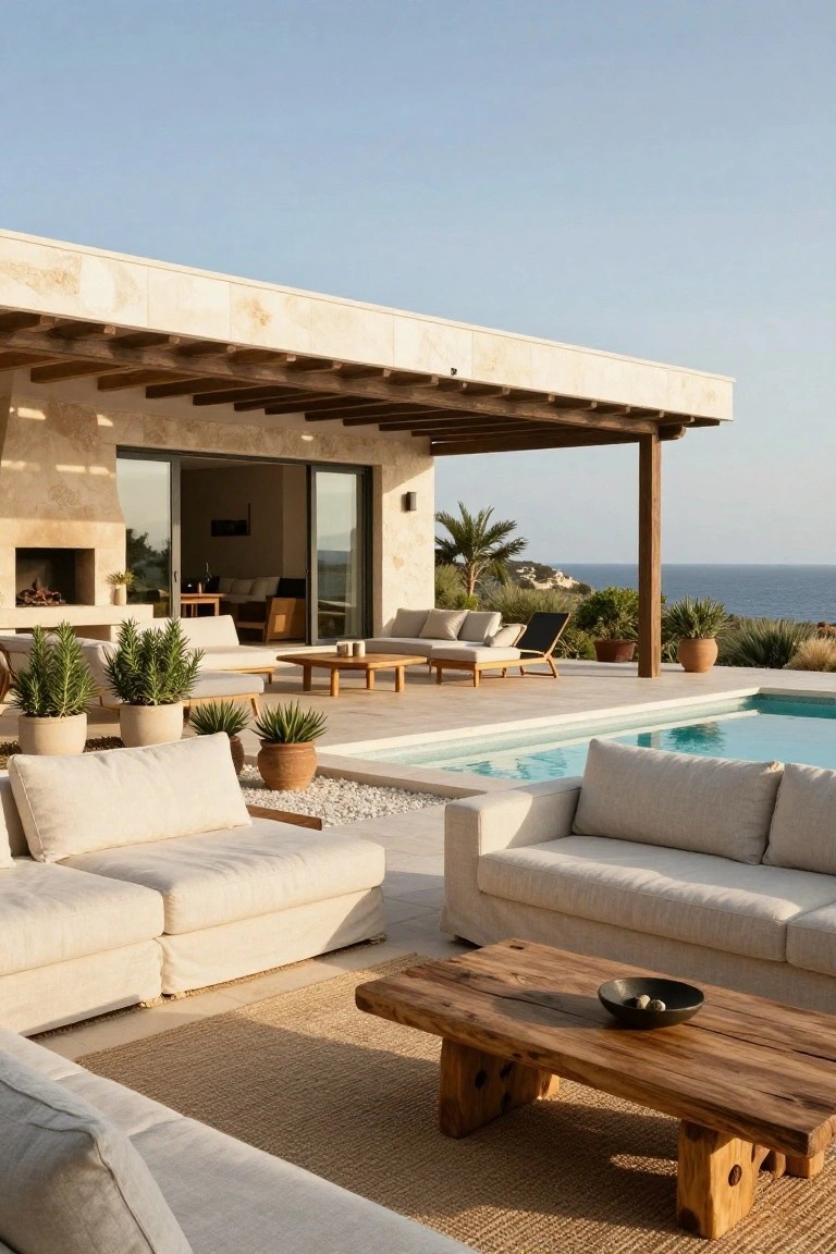 Stone terrace with white modular sofas around a wooden coffee table next to a turquoise pool, adjacent to a modern house with wooden beams, open glass doors, fireplace, potted plants, and ocean view.
