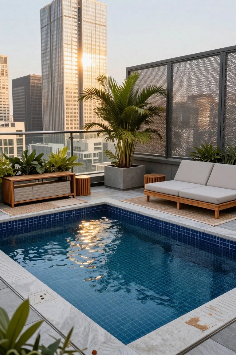 Rooftop pool with blue tiles, lounge chairs, palm plant, and city skyline at sunset.