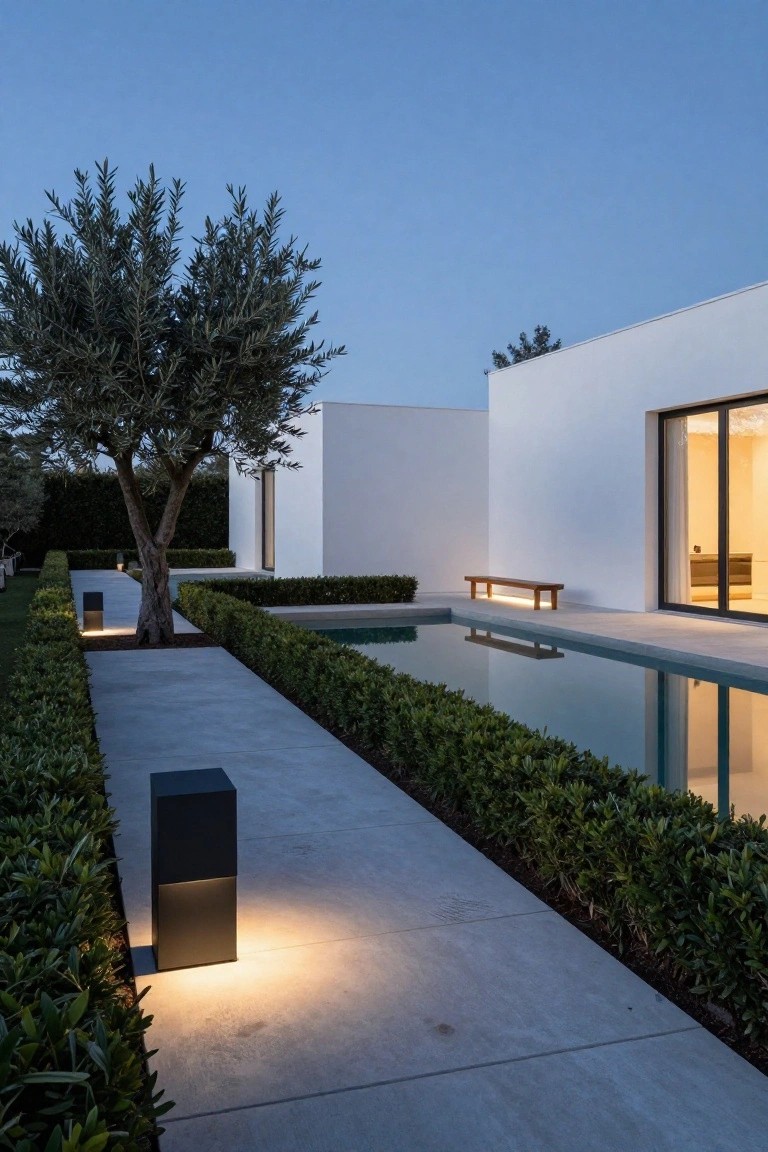 Modern white house with large glass doors beside a long narrow pool, concrete path lined with low boxwood hedges, olive tree, wooden bench, and black bollard lights at dusk.