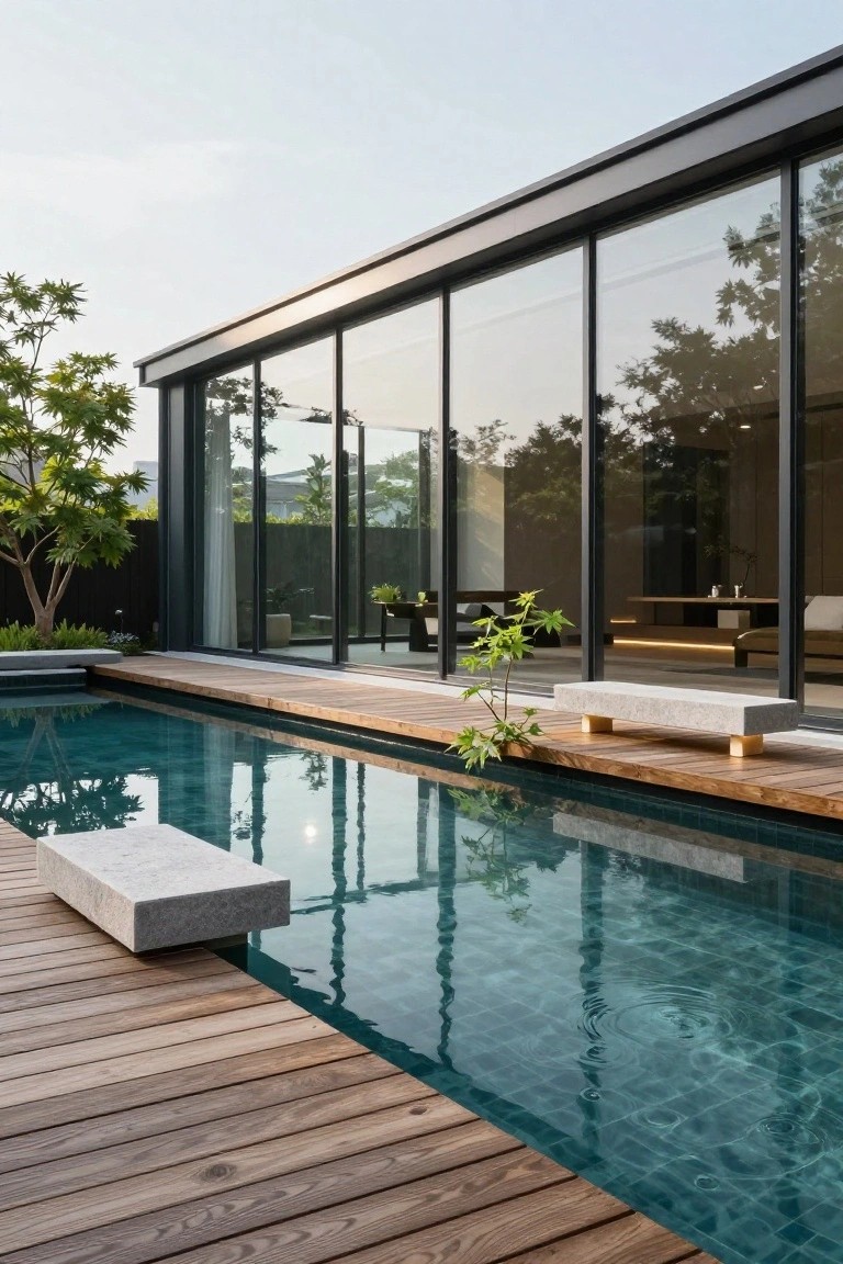 Modern house with black-framed glass walls overlooking a rectangular turquoise pool edged by wooden decking, stone benches on legs, and sparse greenery.