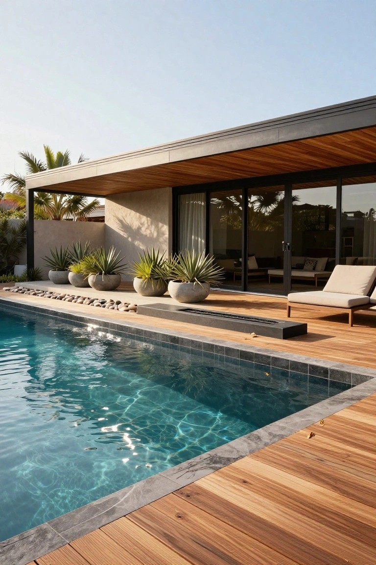 Wooden deck beside a rectangular pool with dark tile and stone coping, large white pots of spiky succulents, a linear black fire pit, lounge chairs, and a modern house with glass sliding doors in the background.