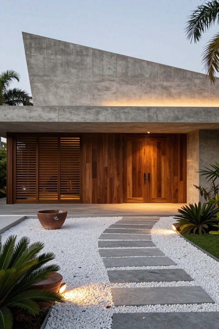 Modern concrete house with wooden doors, stone pathway, and white gravel garden.