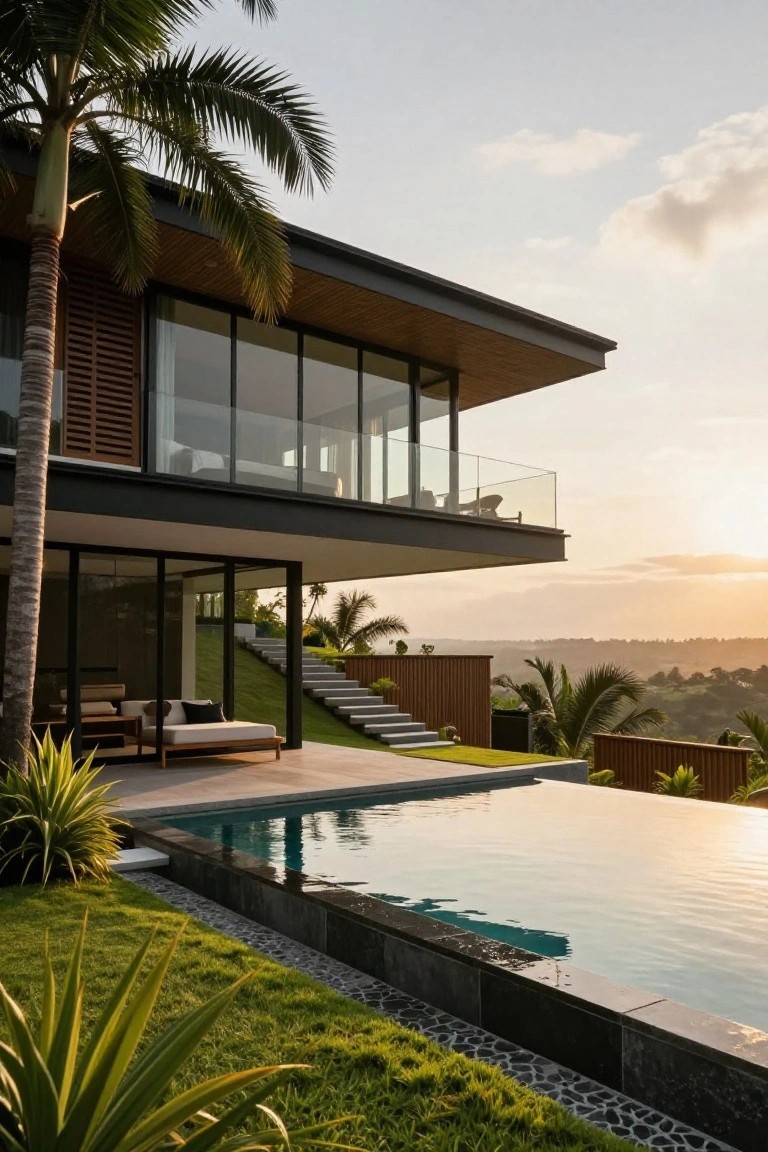 Modern tropical house with cantilevered upper level featuring wood accents and glass walls overhanging an infinity-edge pool, terrace with daybed, steps, and surrounding palms and grass on a hillside at sunset.