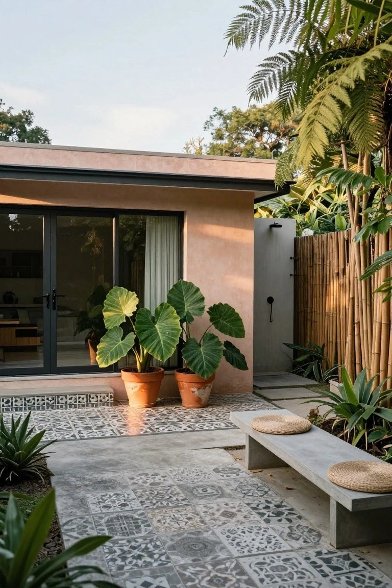Tropical patio with low concrete bench topped by two round seagrass cushions, large potted alocasia plants flanking a pink stucco house wall with glass sliding doors, bamboo-fenced outdoor shower, patterned tile floor, and surrounding greenery.