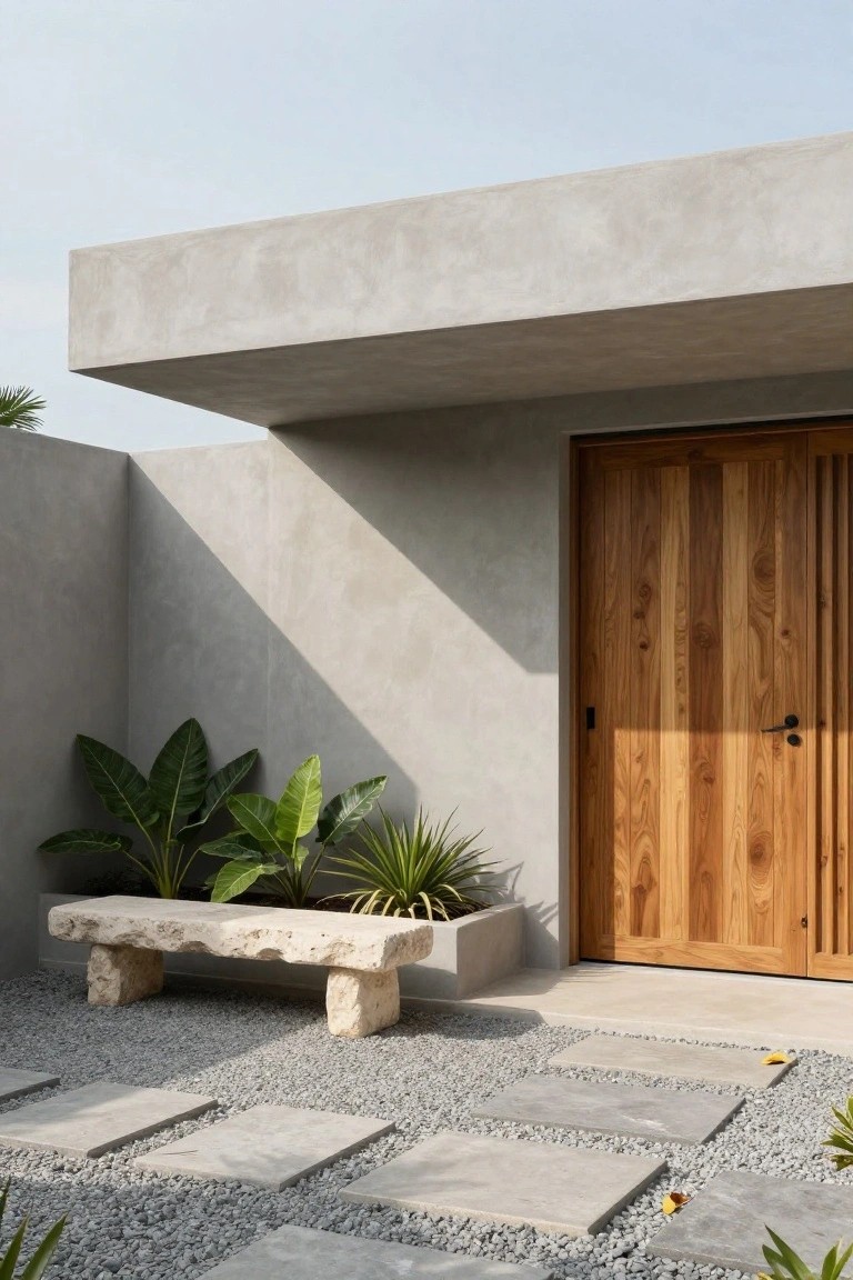 Gray concrete house exterior with overhanging flat roof, tall vertical wooden door, rough stone bench in planter with broad-leaf plants, gravel ground cover and large pavers leading to entrance.